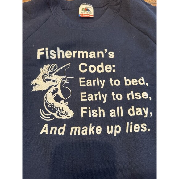 Vintage 90s Fruit of the Loom Fishing Crewneck Blue Sweatshirt Made In USA Large - Picture 2 of 6